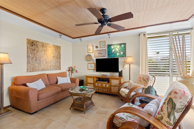 tiled living room with wood ceiling and ceiling fan