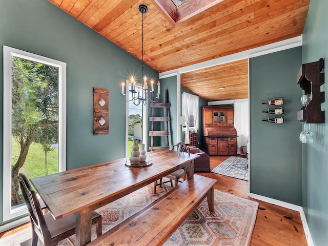 dining room featuring wooden ceiling, vaulted ceiling, a chandelier, a skylight, and wood finished floors