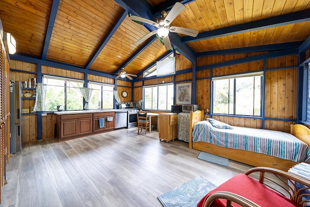 15-1429 22nd Ave, Keaau, HI 96749 - bedroom with wood ceiling, wooden walls, light wood-style floors, a sink, and stainless steel fridge