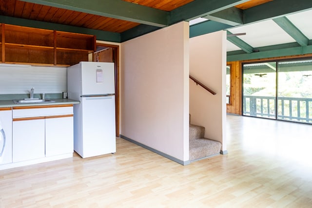 15-1429 22nd Ave, Keaau, HI 96749 - kitchen featuring freestanding refrigerator, a sink, white cabinetry, light wood-type flooring, and light countertops