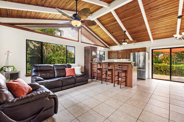 living area with a ceiling fan, lofted ceiling with beams, wooden ceiling, and light tile patterned floors