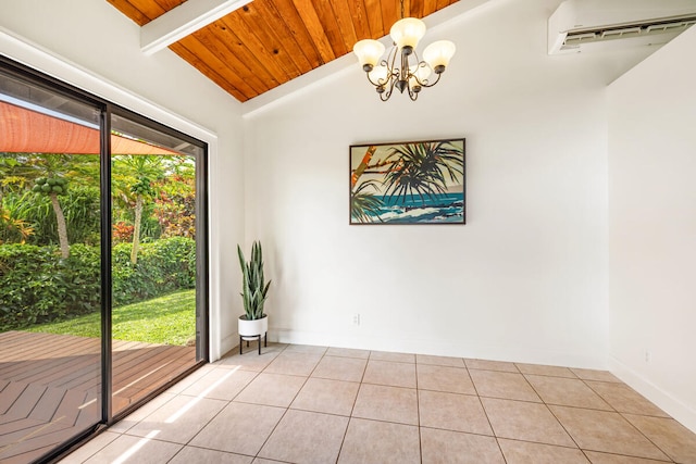 unfurnished room with light tile patterned floors, wooden ceiling, a wall mounted air conditioner, and lofted ceiling