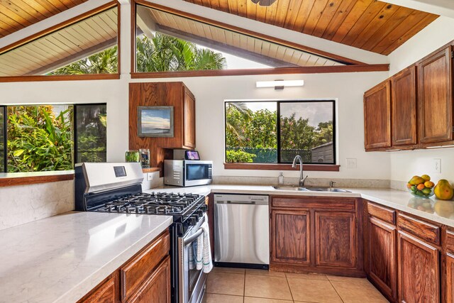 kitchen featuring a sink, stainless steel appliances, light tile patterned flooring, and a wealth of natural light