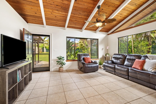 living room featuring light tile patterned flooring, baseboards, ceiling fan, vaulted ceiling with beams, and wooden ceiling