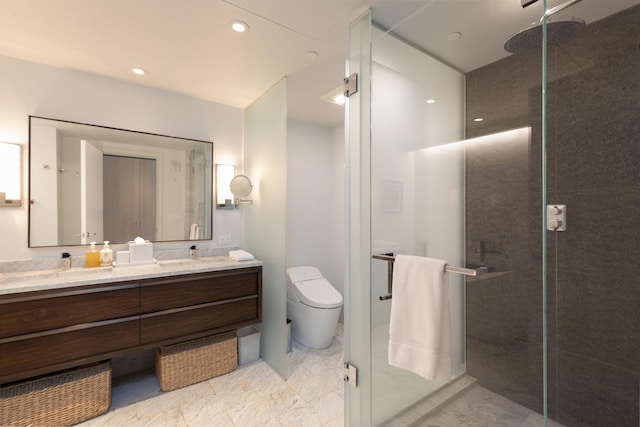 66-84 Kaunaoa Dr Unit A21, Kamuela, HI 96743 - bathroom featuring a stall shower, double vanity, toilet, and recessed lighting