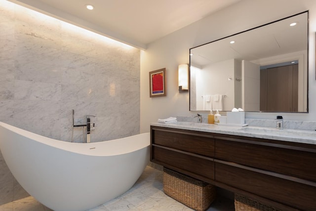 66-84 Kaunaoa Dr Unit A21, Kamuela, HI 96743 - bathroom featuring a freestanding tub, double vanity, and recessed lighting