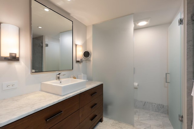 66-84 Kaunaoa Dr Unit A21, Kamuela, HI 96743 - full bath with marble finish flooring, vanity, a stall shower, and recessed lighting