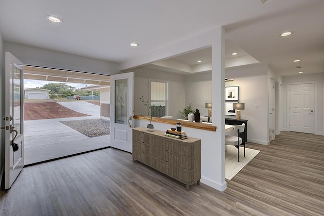 entryway with recessed lighting, baseboards, french doors, and wood finished floors