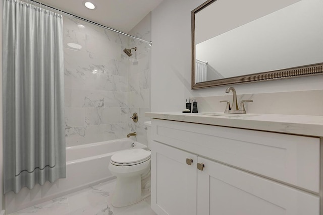 full bathroom with vanity, marble finish floor, toilet, recessed lighting, and shower / bath combo