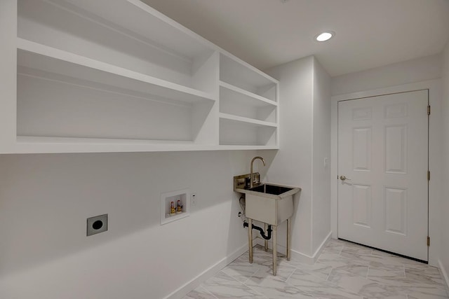 clothes washing area with washer hookup, laundry area, electric dryer hookup, baseboards, and marble finish floor