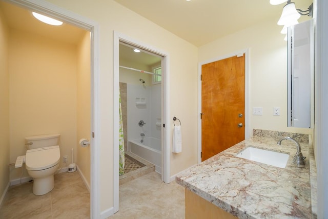 bathroom featuring toilet, baseboards, vanity, bathing tub / shower combination, and tile patterned flooring