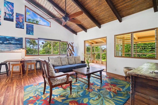4429-A Kaluamakua Pl, Kilauea, HI 96754 - living area featuring a ceiling fan, high vaulted ceiling, wood finished floors, and wooden ceiling