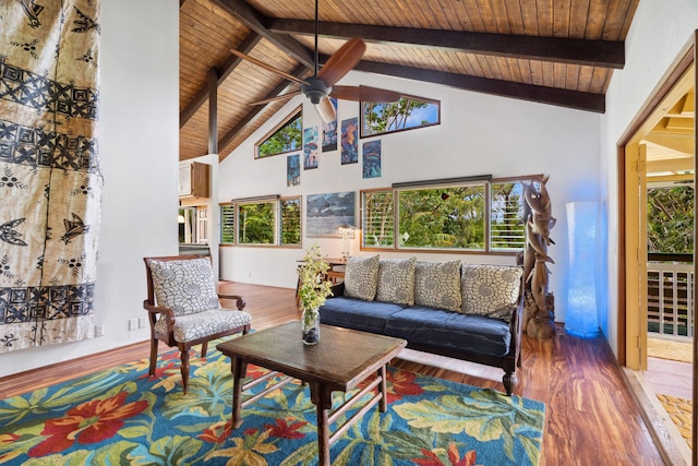 4429-A Kaluamakua Pl, Kilauea, HI 96754 - living area with wood finished floors, beamed ceiling, high vaulted ceiling, wooden ceiling, and a ceiling fan