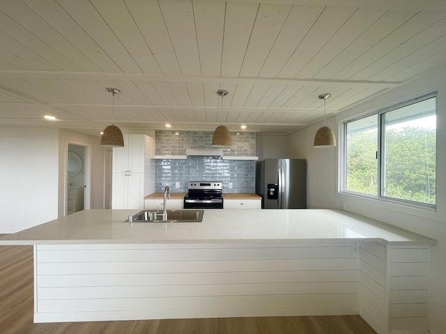 kitchen featuring decorative backsplash, wood finished floors, wooden ceiling, a sink, and stainless steel appliances