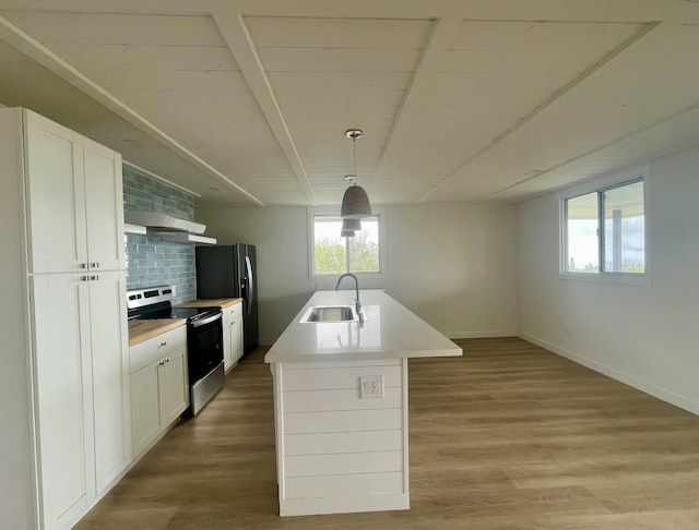 kitchen featuring light wood-style floors, a sink, stainless steel range with electric stovetop, and white cabinets