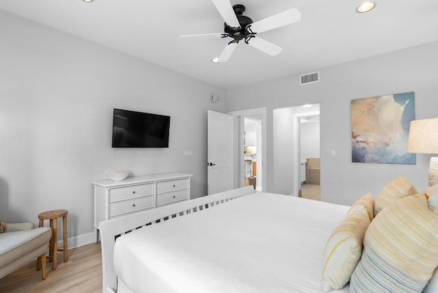 bedroom with a ceiling fan, visible vents, baseboards, light wood-style floors, and recessed lighting