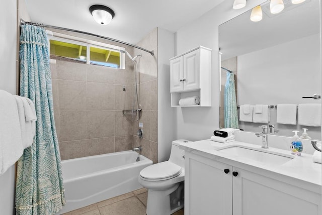 bathroom with shower / bath combo with shower curtain, tile patterned floors, toilet, and vanity