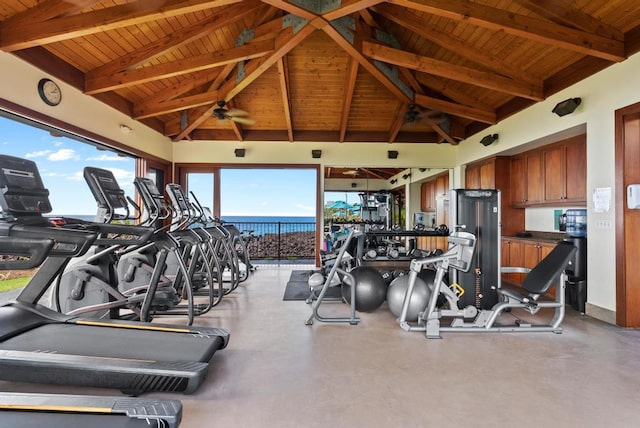 gym featuring a ceiling fan, wood ceiling, a water view, and lofted ceiling