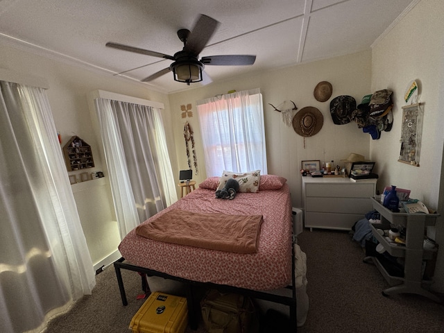 65 Laukona St, Hilo, HI 96720 - bedroom featuring dark carpet, a ceiling fan, and crown molding
