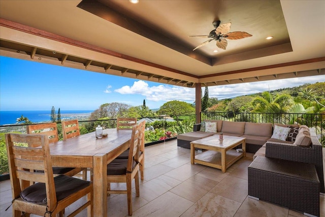 77-155 Kalaniuka St, Holualoa, HI 96725 - view of patio with a water view, an outdoor living space, a ceiling fan, and outdoor dining area