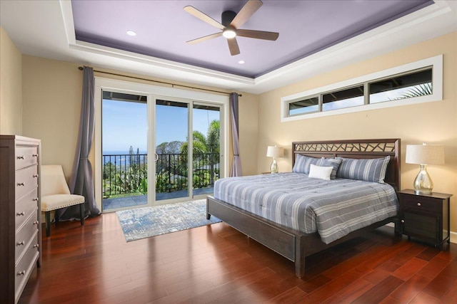 77-155 Kalaniuka St, Holualoa, HI 96725 - bedroom featuring access to outside, ceiling fan, recessed lighting, wood finished floors, and a tray ceiling