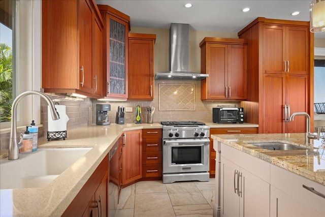 77-155 Kalaniuka St, Holualoa, HI 96725 - kitchen with stainless steel appliances, light stone counters, a sink, and wall chimney exhaust hood