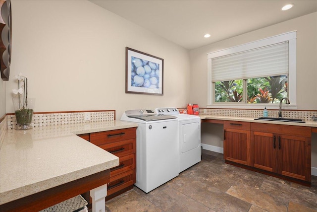 77-155 Kalaniuka St, Holualoa, HI 96725 - laundry area with washer and dryer, recessed lighting, stone finish floor, and a sink