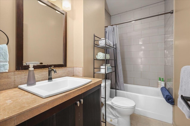 77-155 Kalaniuka St, Holualoa, HI 96725 - bathroom with vanity, tasteful backsplash, toilet, and shower / bathtub combination with curtain