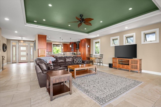 77-155 Kalaniuka St, Holualoa, HI 96725 - living area featuring a ceiling fan, baseboards, recessed lighting, and a raised ceiling