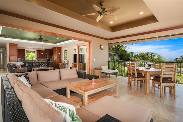 77-155 Kalaniuka St, Holualoa, HI 96725 - living room featuring recessed lighting, ceiling fan, and a tray ceiling