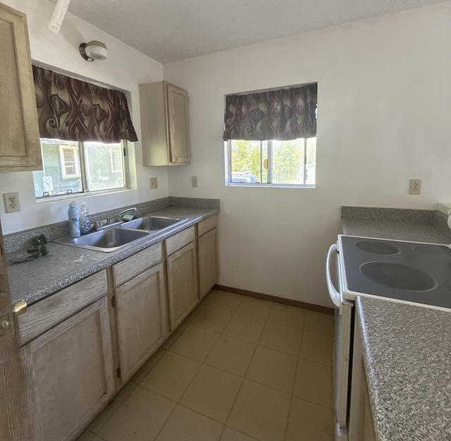 1360 Kaumana Dr, Hilo, HI 96720 - kitchen featuring a textured ceiling, a sink, light brown cabinets, white electric range oven, and light tile patterned flooring