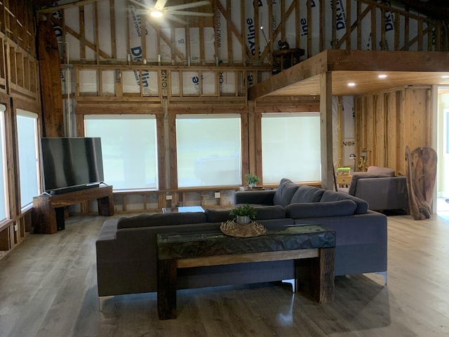 living area featuring a high ceiling, wood finished floors, and a wealth of natural light