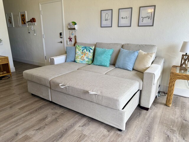 living area with baseboards and wood finished floors