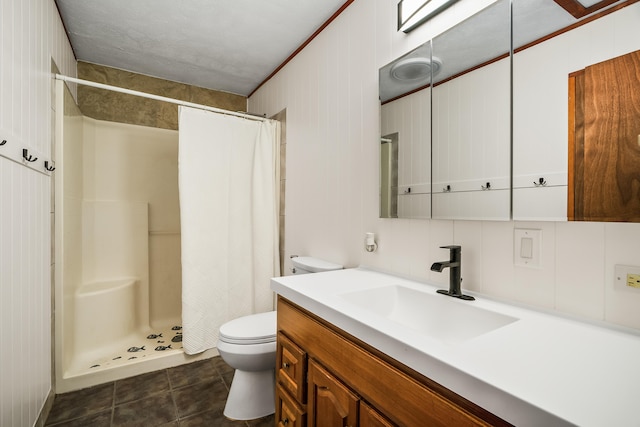 full bath with toilet, a shower stall, and vanity