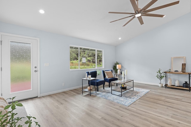 office space with lofted ceiling, ceiling fan, wood finished floors, recessed lighting, and baseboards