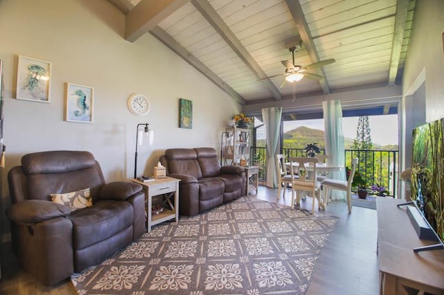 3-3400 Kuhio Hwy Unit B406, Lihue, HI 96766 - living area featuring wood ceiling, ceiling fan, and wood finished floors