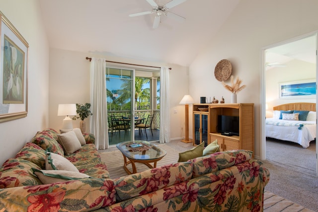 69-200 Pohakulana Pl Unit J33, Waikoloa, HI 96738 - carpeted living room with ceiling fan and high vaulted ceiling