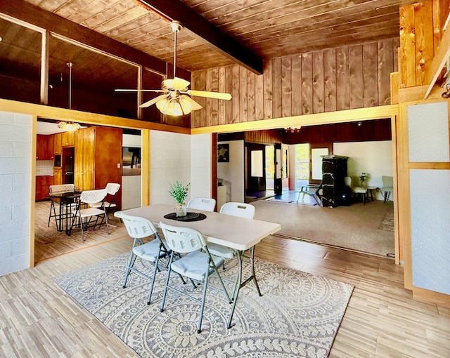 dining room featuring wood ceiling, wood finished floors, wood walls, ceiling fan, and beamed ceiling