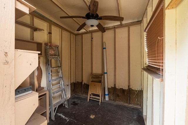 storage area featuring a ceiling fan