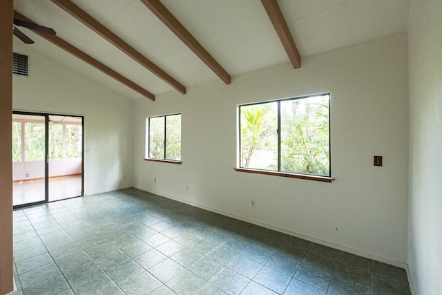 unfurnished room with vaulted ceiling with beams, tile patterned floors, visible vents, baseboards, and ceiling fan
