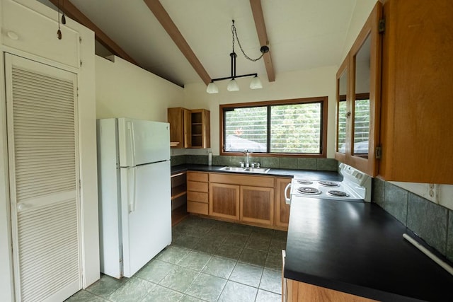 kitchen featuring a sink, dark countertops, brown cabinetry, tile patterned floors, and white appliances