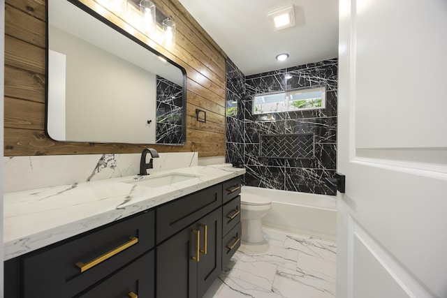 16-2074 Sandalwood Dr, Pahoa, HI 96778 - bathroom featuring wooden walls, vanity, toilet, marble look tiles, and bathing tub / shower combination