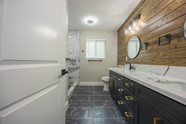 16-2074 Sandalwood Dr, Pahoa, HI 96778 - bathroom with wood walls, marble look tile flooring, toilet, double vanity, and a marble finish shower
