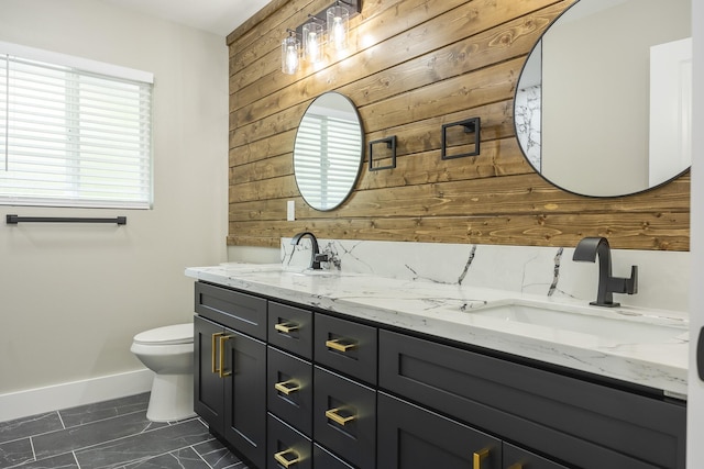 16-2074 Sandalwood Dr, Pahoa, HI 96778 - full bath featuring wood walls, baseboards, toilet, double vanity, and marble finish floors
