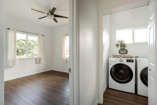 27-414 Old Mamalahoa Hwy, Papaikou, HI 96781 - clothes washing area featuring separate washer and dryer, ceiling fan, dark wood-style flooring, and baseboards