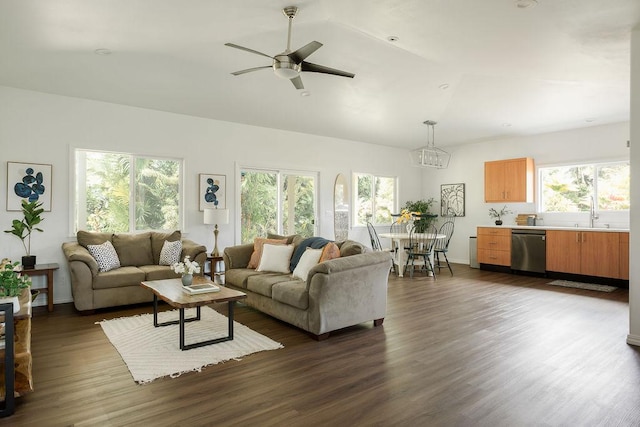 27-414 Old Mamalahoa Hwy, Papaikou, HI 96781 - living room with plenty of natural light, dark wood-type flooring, a ceiling fan, vaulted ceiling, and a chandelier