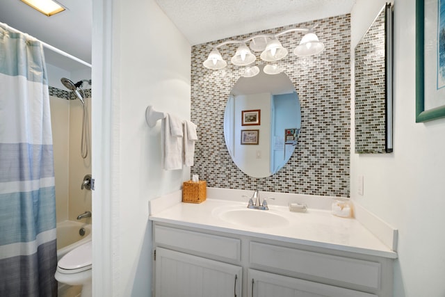 full bath with toilet, shower / bath combo, a textured ceiling, backsplash, and vanity
