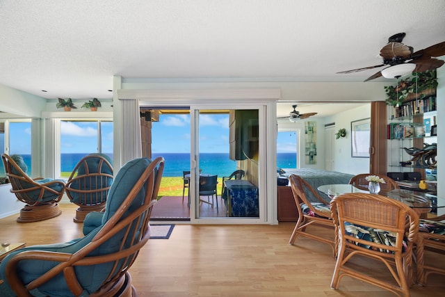 interior space with a water view