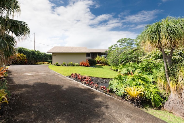 view of front of home featuring asphalt driveway and a front lawn