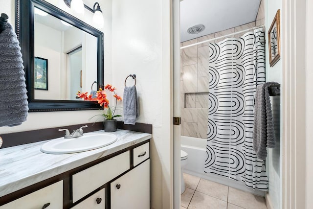 full bathroom with vanity, toilet, shower / bath combo, and tile patterned floors